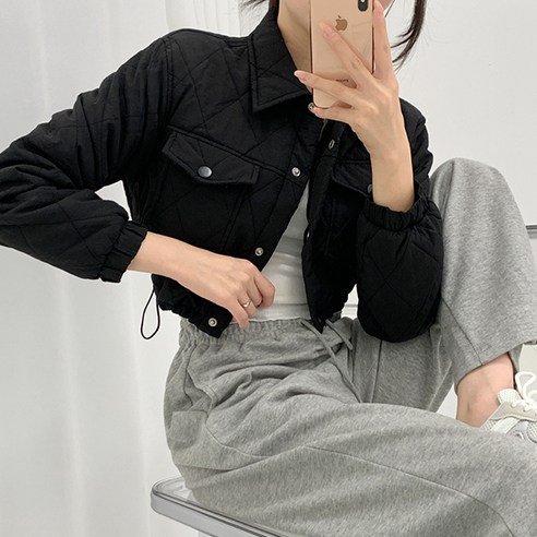 티데일리 여성용 모브 퀄팅 크롭 스트링 누빔 패딩 자켓 데일리 점퍼