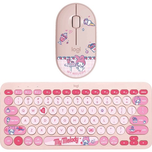 로지텍 블루투스 무선 키보드 K380, 마이멜로디 핑크, 마우스 + 키보드 세트, 텐키리스