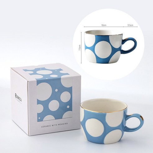 DFMEI.커피 잔.Mug cup핸드페인팅 세라믹컵 프놈펜 머그컵 핸드페인팅 북유럽 아침식사 컵 레스토랑 기프트컵, 401-500ml., DFMEI.밝은 파란색 큰 점