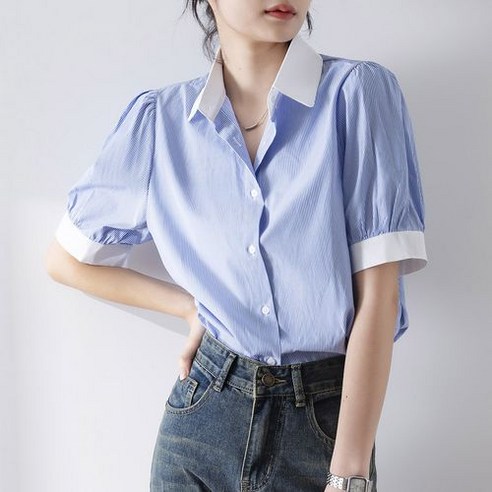 뉴욕멋쟁이 디나 투톤카라 반팔블라우스