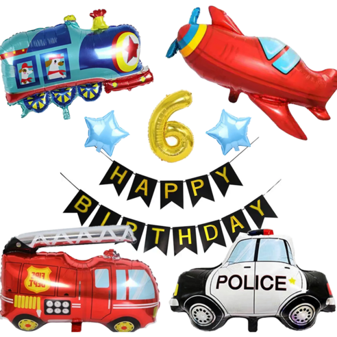파파 파티 소방차 경찰차 자동차 비행기 생일 가랜드 숫자 풍선 세트, 1세트, 가랜드+숫자 6