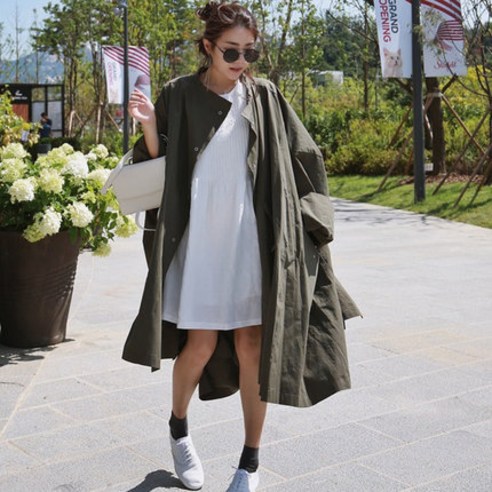 YY 가을 새로운 한국어 스타일 재킷 여성 박쥐 슬리브 중간 길이 학생 Bf 느슨한 육군 녹색 오버올 여성 코트