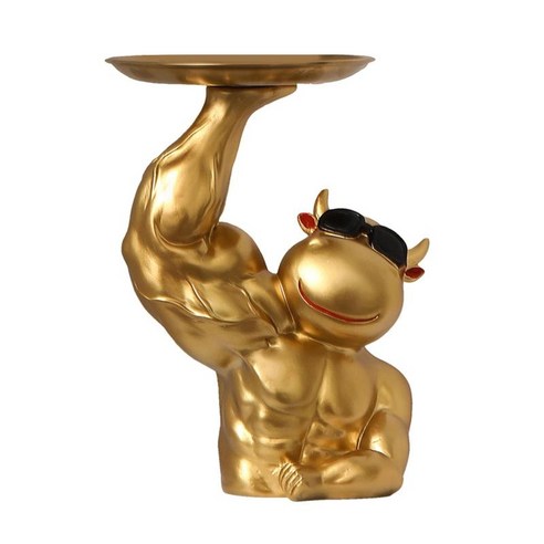 Muscle Ox 보관 트레이 시원한 동물 조각 수지 키 사탕 접시 보석 홀더 홈 거실 침실 입구 테이블 책상 장식, {"수건소재":"수지"}, 금