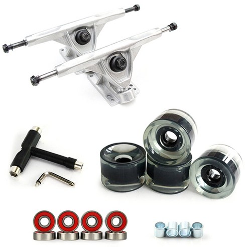 Xzante 7 인치 Longboard 트럭 바퀴 세트 4개 PU 8개 베어링 T 스케이트 보드 도구 휠 콤보 실버, 은