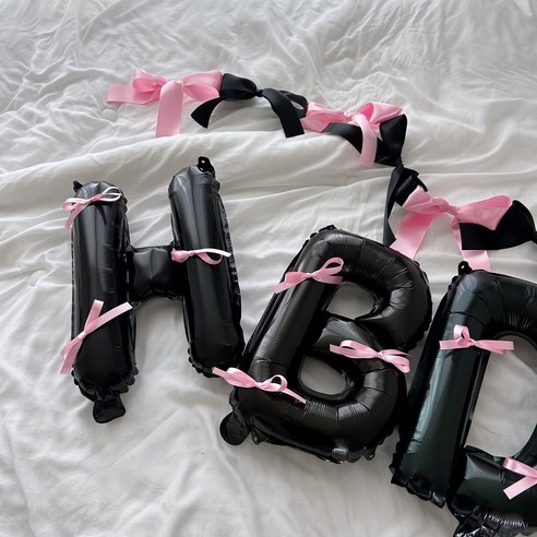 HBD 생일 발레코어 리본 풍선세트(diy) 생일파티세트 리본장식 해피버스데이, 블랙(플라밍고)