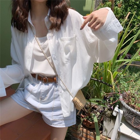 DFMEI 쉬폰 화이트 셔츠 선 스크린 자켓 여성용 여름 디자인 루즈한 중간 길이 외부 얇은 탑
