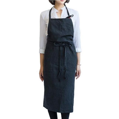 ANKRIC 아마면 및 린넨 앞치마 한국어 버전 일본 꽃 그림 앞치마 자수 선물 패션 허리 원피스앞치마, 슈퍼 대형 가방 힙 블랙