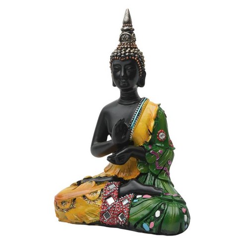 앉아있는 부처 동상 불교 태국 명상 가정 및 정원 장식 조각기도 부처 입상 7 인치 폴리 수지, 녹색 황색