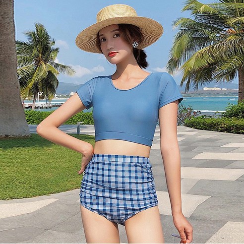 수영복 여자 분체 하이웨이스트 작은 가슴 모으다 보수 날씬하다 비키니 ins 섹시하다 온천 수영복, 청색, M