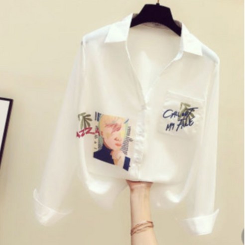 KORELAN 봄가을 패션 통근양기 프린트 셔츠 디자인 센스있는 쉬폰 긴팔 셔츠녀