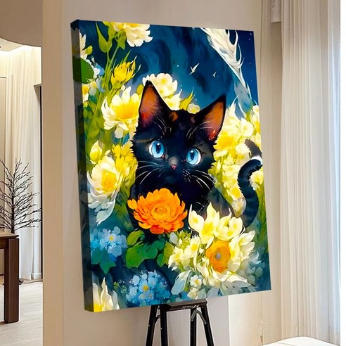 votgl 보석십자수 캔버스형 DIY 액자형 풍경 인물 꽃식물50x40cm, 024고양이, 1개