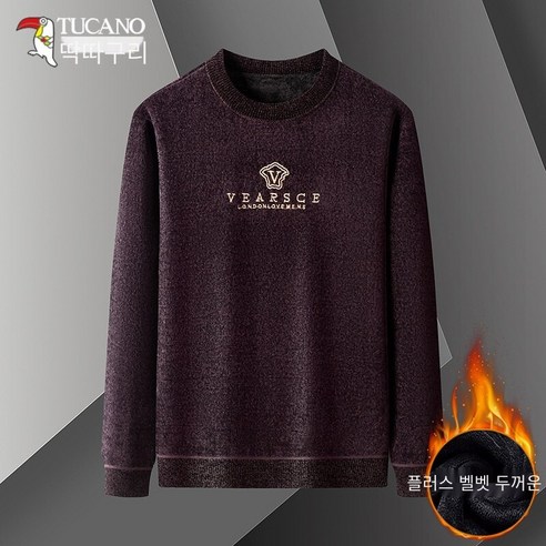 딱따구리 겨울 라운드 넥 양털 안감 스웨터 중년 남성 자수 따뜻한 니트 긴팔 티셔츠베이스 셔츠
