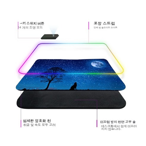 컬러발광 RGB 순분마우스패드 라지게임 키보드패드 마우스패드 사무용매트, 낭월, 300x400x4mm