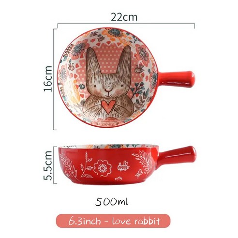 숲 동물 디자인 큰 그릇 단일 핸들 세라믹 그릇 국수 그릇 크리 에이 티브 레스토랑 가정용 꽃 그릇 홈 인테리어, love rabbit