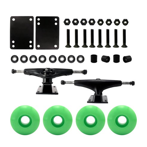 스케이트보드 패키지 52mm 휠 + 구성 요소가 있는 5인치 트럭 올드 스쿨 패턴과 뉴 스쿨 패턴 모두에 적합, 금속, 녹색 바퀴