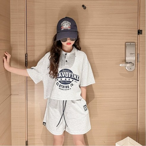 키즈목마 2025 봄 여름 여아 카라티셔츠+반바지 상하복 주니어 초등학생 캐주얼 반팔 반바지 상하의세트 593