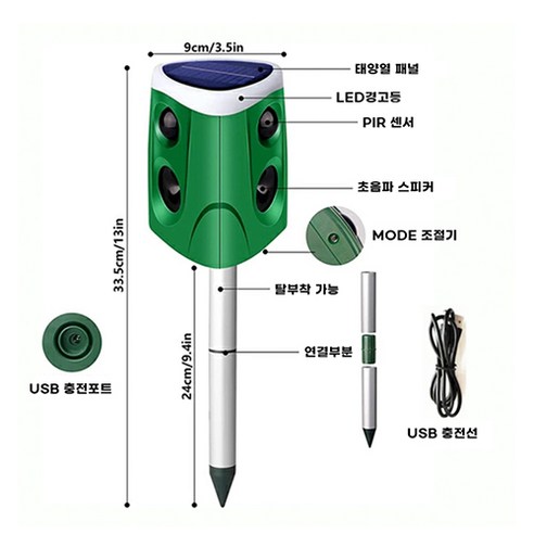 360도 초음파 태양열 충전 야생동물 퇴치기 LED 경보음 kc인증 탐지거리600m 멧돼지 고라니, 360도 버전