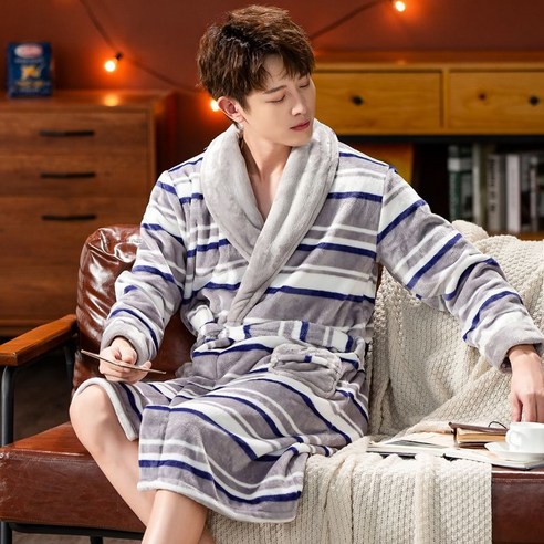 DFMEI-Y 목욕 가운 커플 플란넬 호텔 가을과 겨울 목욕 가운 여성 목욕 타월 산호 양털 남성 잠옷, DFMEI 두꺼운 스트라이프 그레이, 남성 L 권장 100-125 진