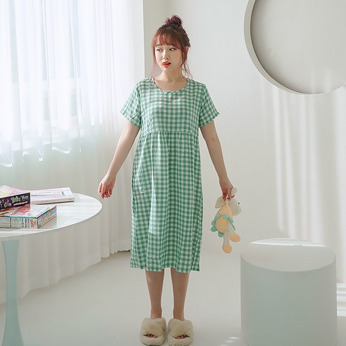 말랑마쥬 체크 거즈면 반팔 원피스 잠옷