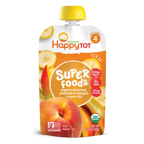 해피토트 슈퍼푸드 어린이 스무디 120g, 바나나 + 복숭아 + 망고 + 슈퍼 치아(Bananas + Peaches + Mangos + Super Chia), 1개