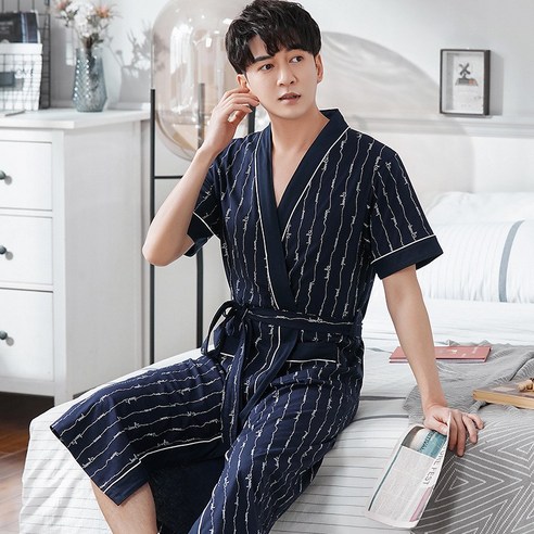 DFMEI 잠옷 남성용 여름 목욕 가운 면 잠옷 드레싱 가운 반팔 원피스 유카타 남성용 긴 기모노 남성용, DFMEIGZ1821883, 엘