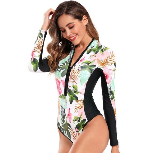 Xzante 꽃 1 조각 수영복 여성 Monokini 긴 소매 인쇄 된 서핑 바디 슈트 L, 색상