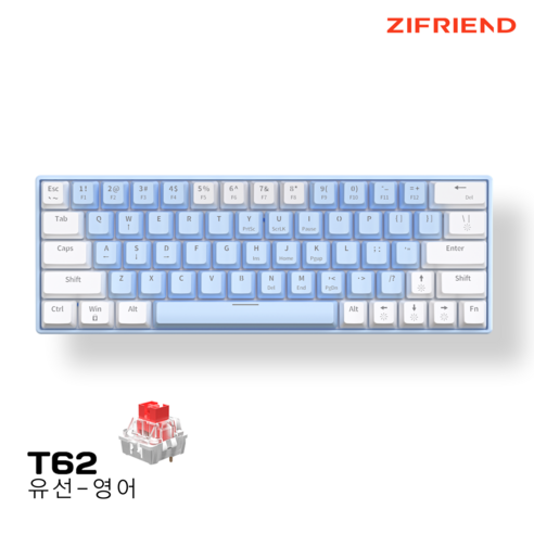 ZIFRIEND T62 LED 컴팩트 미니 유선 기계식 키보드 커스텀 게이밍 적축 레인보우 LED 투과 키캡 청축 컴퓨터 자판 25키 무한 입력 총 63키, grey, red