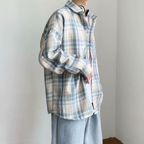 KORELAN 남성 셔츠 트렌드 홍콩 스타일 일계 루즈핏 멋쟁이 외투 봄 여름 얇은 캐주얼 긴팔 체크 셔츠
