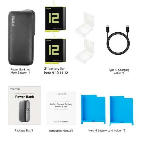 TELESIN 11 5 7 충전 충전기 8 10000mAh 스마트폰용 10 고속 6 20W 휴대용 9 용 PD 배터리 히어로 고프로 보조배터리 12, 6) 1EB Hero 9 10 11 12