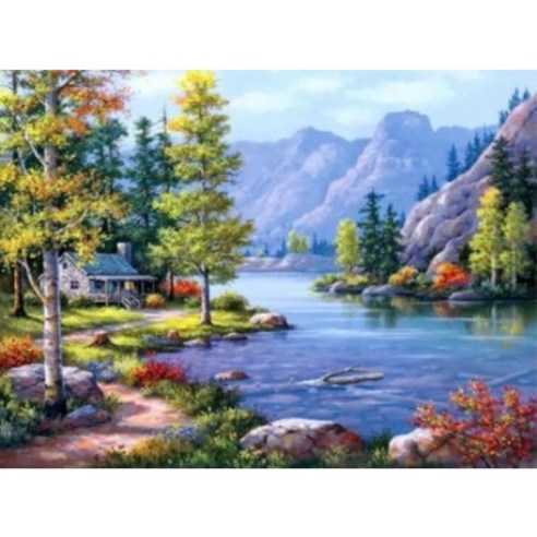 예스아트 DIY 보석십자수 40x30 캔버스 액자형, 강가의 집