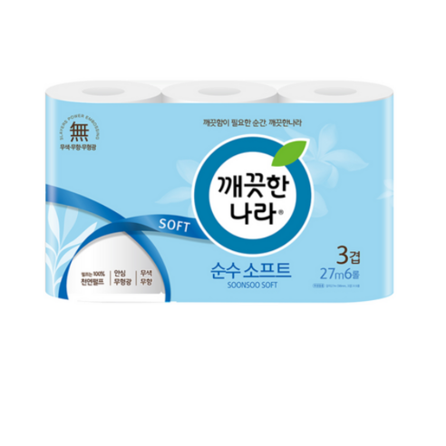 깨끗한나라 순수 소프트 천연펄프 3겹, 27m, 6롤, 3개