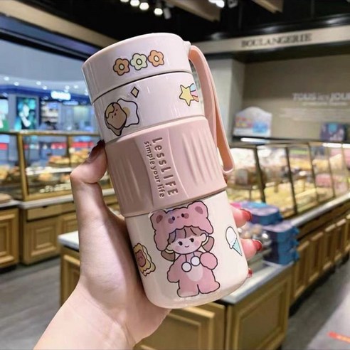 커피 동행 컵 귀여운 일본 스타일 보온병 Ins 간단한 고등학생 여성 고가 차 컵, 핑크 400ml (차 필터), 싱글 컵 + 무작위 스티커