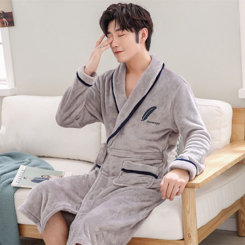 DFMEI-Y 가을 겨울 커플 잠옷 여성 산호 양털 목욕 가운 긴 소매 잠옷 남성 짙은 플란넬 목욕 가운 홈 착용, DFMEI P10 회색 깃털 남성, {"패션의류/잡화 사이즈":"M"}