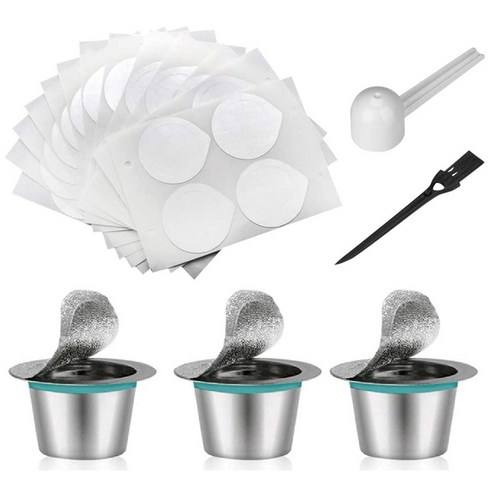 AFBEST 3PCS 스테인레스 스틸 리필 가능한 커피 캡슐 포드 및 100PCS 호일 뚜껑 Nespresso용 재사용 필터, 은