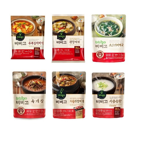 비비고 인기즉석 탕찌개 6종(두부김치+된장찌개+사골곰탕+육개장+미역국+차돌된장찌개), 1세트