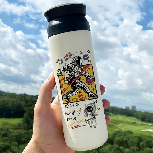 우주 비행사 우주 창조적 인 보온병 학생 간단한 우주 비행사 하이 생긴 스테인레스 스틸 진공 컵, BW5127 우주 비행사, 500ml 플랫 커버 컵