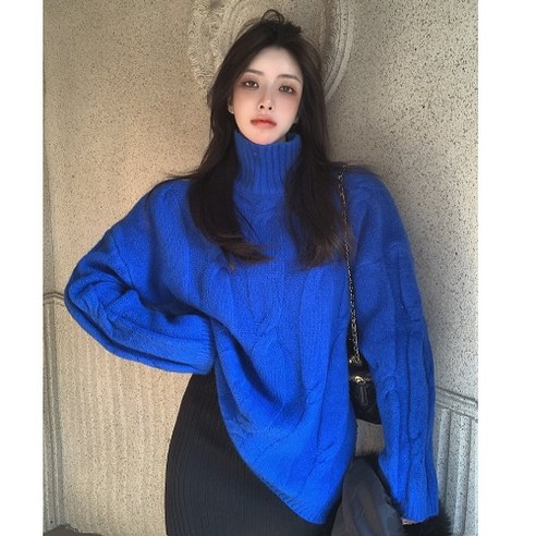 KORELAN 리얼 샷 겨울 새로운 어 버전 니트 긴팔 탑 클라인 블루 느슨한 터틀넥 스웨터 여성