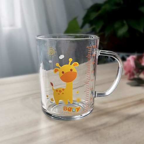 유리컵 빨대 우유 아침컵 귀엽다 만화 눈금 컵 덮개 숟가락 선물 글씨, 301-400ml, 사슴 400ml