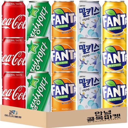 뚱캔 세트 콜라 3개 칠성 사이다 3개 오렌지 3개 밀키스 3개 파인애플 3개 총 15개, 355ml