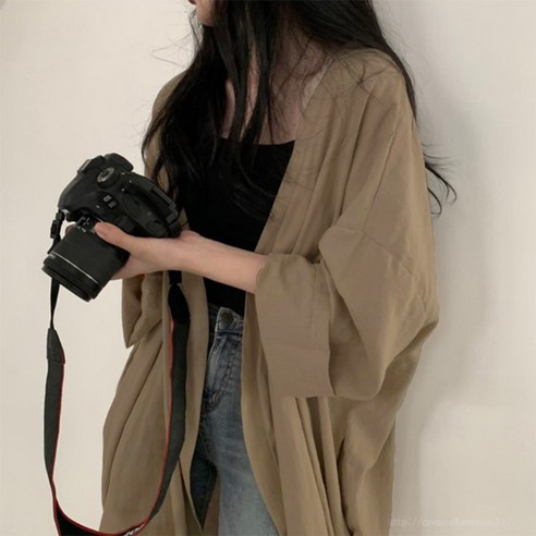 휘잇 여성 루즈핏 걸치는 자외선차단 시스루 롱셔츠