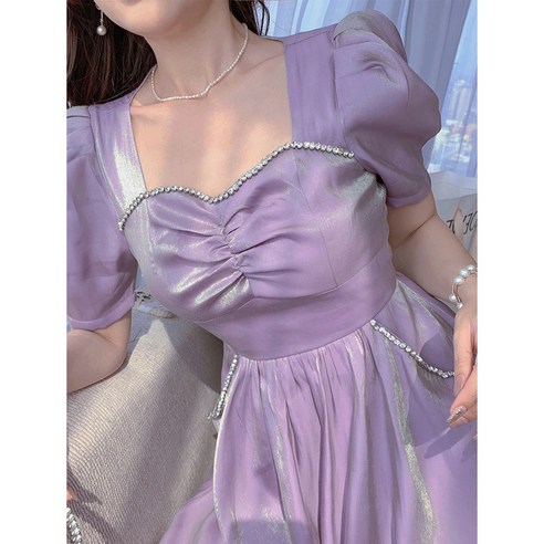 【DF】인터넷 연예인 드레스 여성 프랑스어 버블 슬리브 보라색 드레스 여성 여름 새로운 우아한 요정 드레스 수 할 대신하여