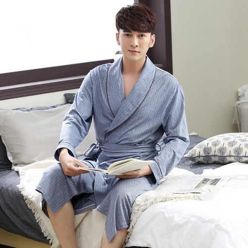 DFMEI-Y 브랜드 잠옷 여성 봄과 가을 커플 목욕 가운 순수 코튼 잠옷 남성 여름 긴 소매 확장 목욕 가운 대형 사이즈 긴팔 가운, L 코드, DFMEI 남성 98026