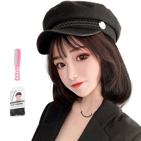 가발위드 단발 스트레이트 헌팅캡 모자가발1개+가발전용빗1개+가발망1개 세트상품, 초콜릿브라운, 1세트