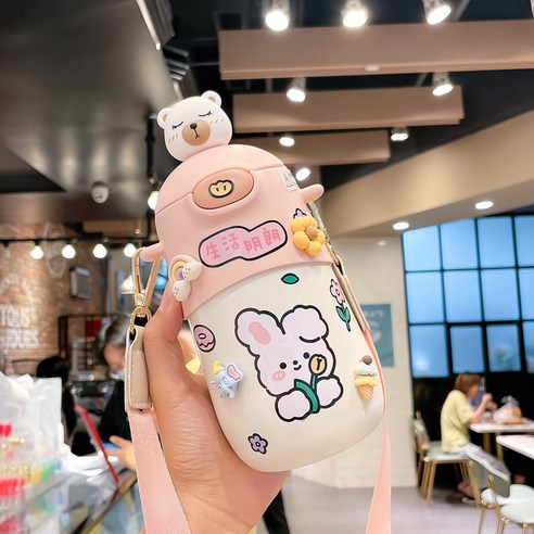 [LM] 500ml 곰 스티커 보온병 스테인레스 스틸 절연 뜨거운 음료 컵 밀짚 선물, {"크기":"500ml"}, Pink B