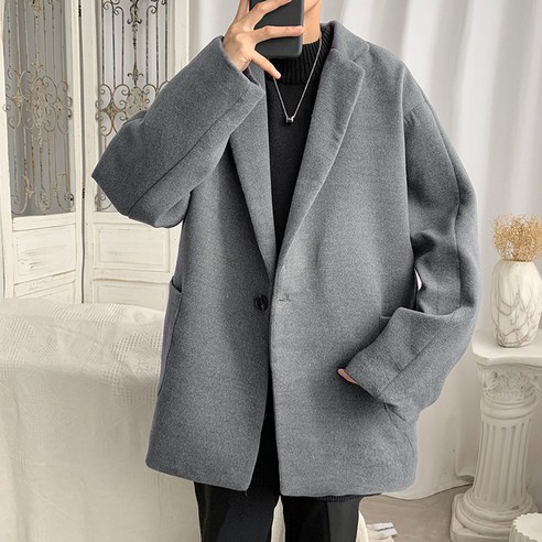 DFMEI 겨울 두꺼운 모직 코트 남성 캐주얼 레트로 느슨한 유행 순수한 색상 잘 생긴 정장 코트