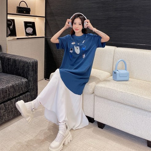 세련되고 편안한 여름 스타일을 위한 반팔 쉬폰 배색 빅사이즈 원피스