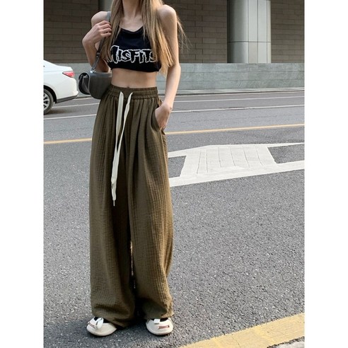 주름바지 플리츠플리즈바지 드레이핑 와이드레그팬츠 여성 여름 밴딩 캐주얼