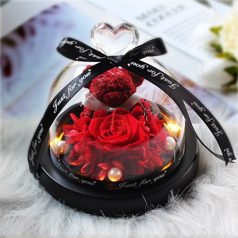[LOVE MQ] 테디 베어 꽃 영원한 로즈 아름다움과 야수 말린 꽃 유리 돔 웨딩 홈 장식 생일 선물, 하나, 미니 Bear06 레드