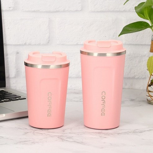 스테인레스 스틸 진공 머그잔 비즈니스 사무실 물 컵 휴대용 커피 컵, 핑크, 380ml