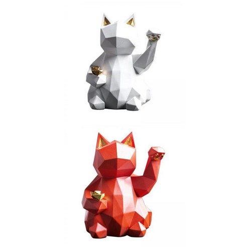2x 행운의 고양이 수지 입상 동물 조각 동상 홈 장식 화이트 레드, 하얀색